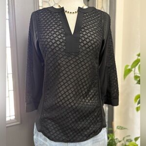 Chico’s Women’s Black Textured Sheer Split Neck 3/4 Sleeve Blouse | Size Large